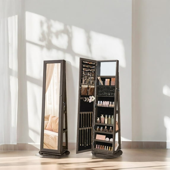 Jewelry Cabinet ,360° Rotating Jewelry Armoire Storage Box , Full Length Mirror Jewelry Organizer, Ash Brown