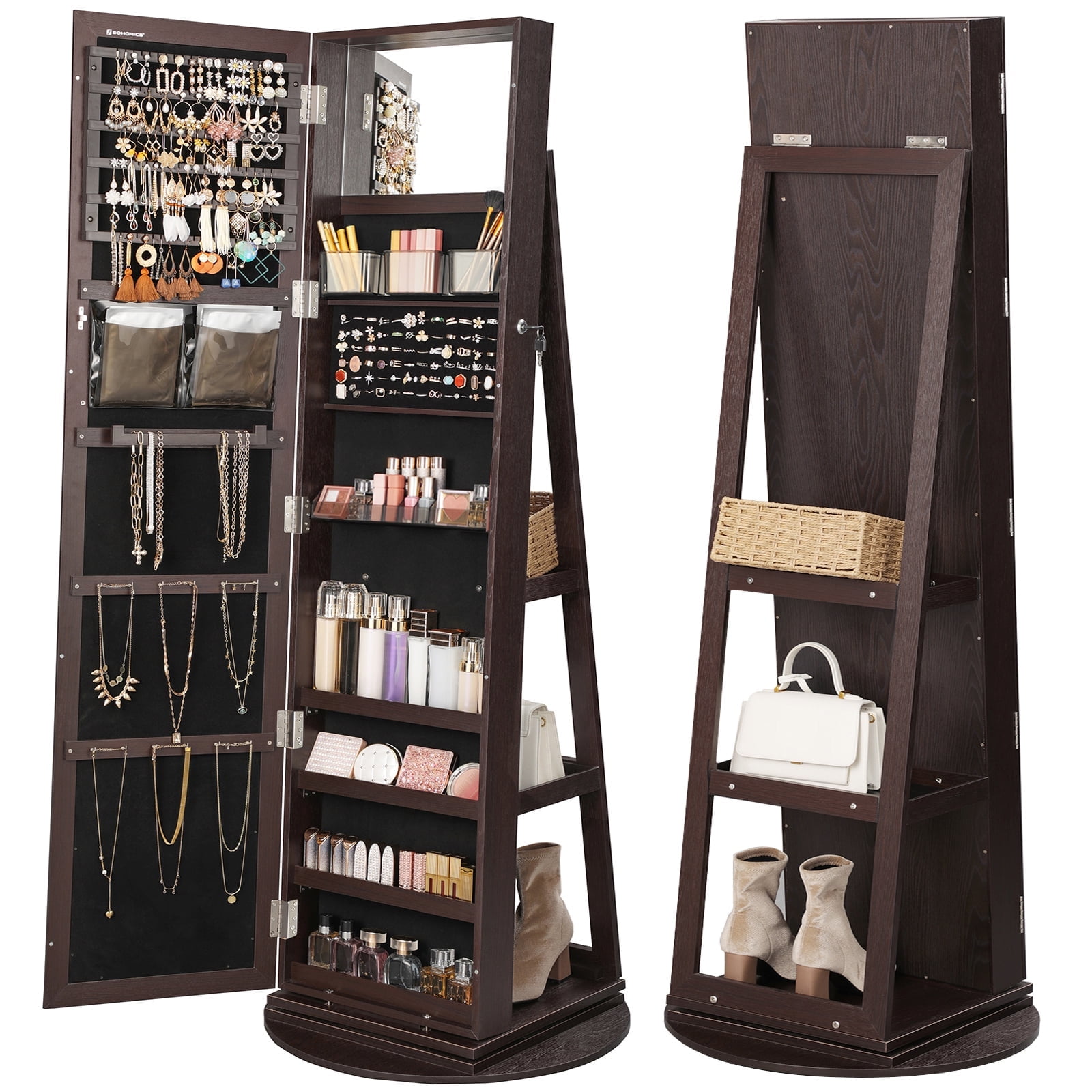 Brown MDF Rotating Jewelry Armoire with Full Length Mirror