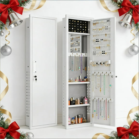 Mirror Jewelry Cabinet, 47.24" Tall Wall Mounted Jewelry Cabinet with Mirror and Light, Large Jewelry Armoire Organizer, Jewelry Storage with Lock & Adjustable Shelves (White