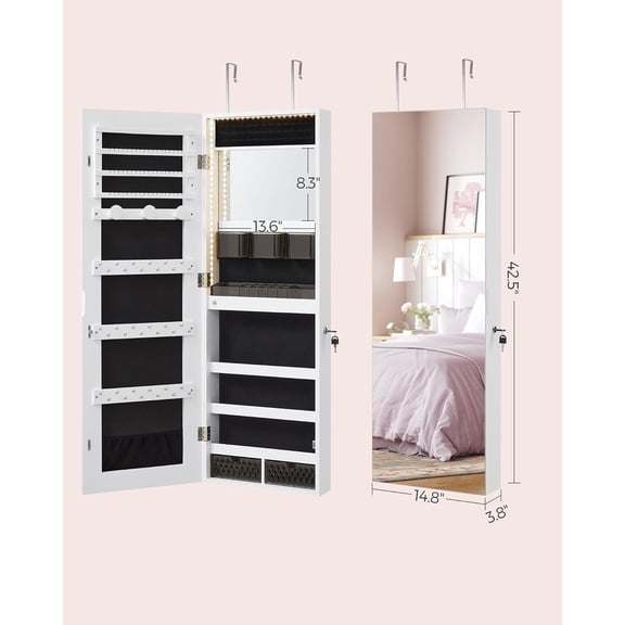 Mirror Jewelry Cabinet Armoire Organizer, Wall or Door Mount Storage Cabinet with Full-Length Frameless Lighted Mirror, Built-in Makeup Mirror, 2 Drawers, Lockable, White UJJC013W01