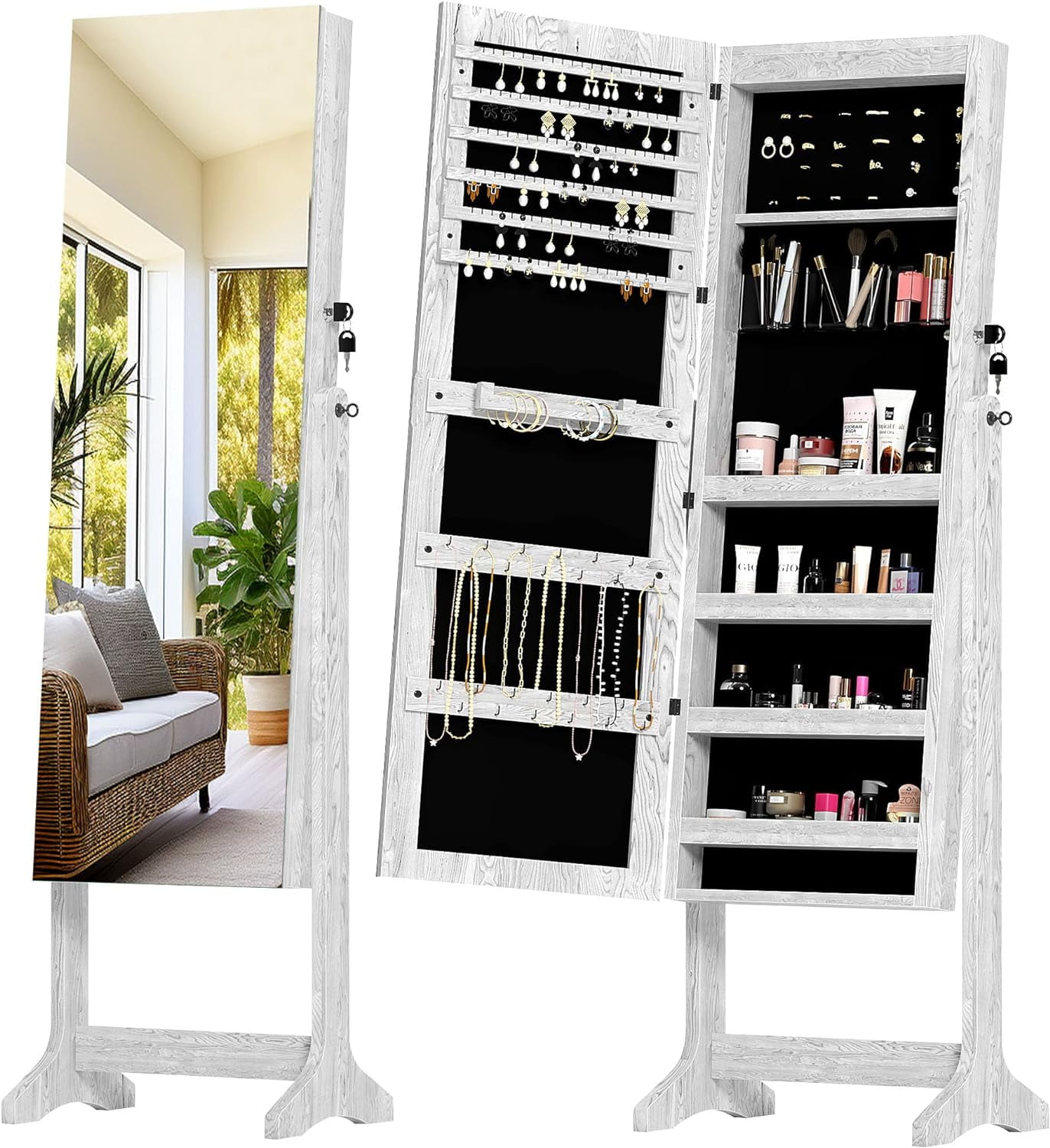 Mirror Jewelry Standing, Full Length Mirror with Storage, Wooden Jewelry Boxes