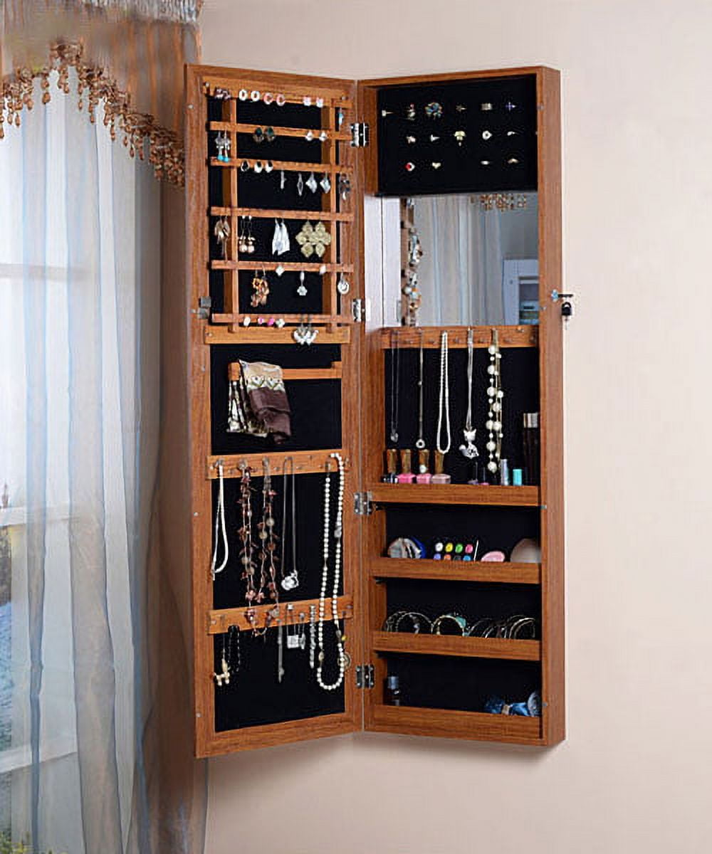Facilehome Oak Mirror Jewelry Cabinet Armoire Wall or Door Mounted Jew