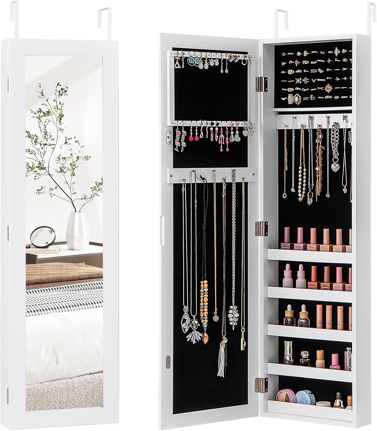 Mirror Jewelry Cabinet Wall Mounted, 42” Over the Door Full Length Mirror with Storage & Hooks, Hanging Jewelry Chest Box, Modern Jewelry Storage Organizer for Women, Girls, White