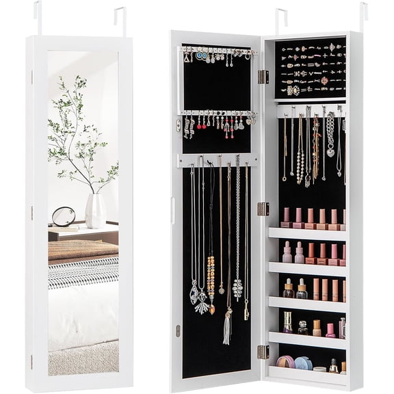 Mirror Jewelry Cabinet Wall Mounted, 42 Over the Door Full Length Mirror with Storage & Hooks, Hanging Jewelry Chest Box, Modern Jewelry Storage Organizer for Women, Girls, White