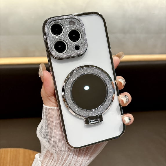 {Mirror Kickstand } Bling Case for iPhone 16 Pro , Bling Kickstand Holder , With Bling Sparkly Makeup Mirror Back Shockproof Anti-fall Rugged Phone Cover Case for iPhone 16 Pro,Silver