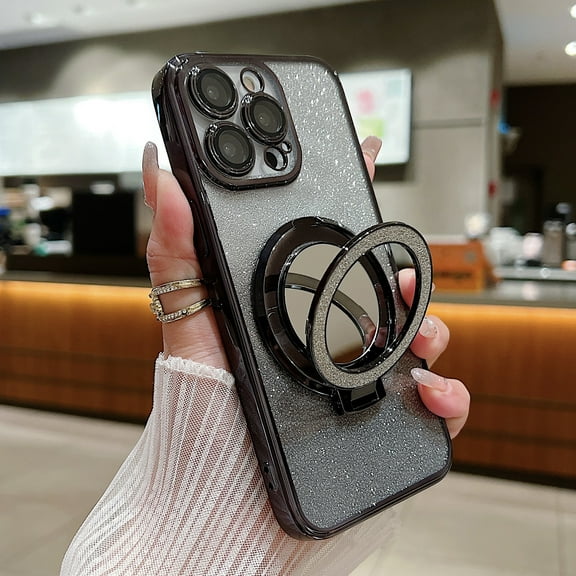 Mirror Kickstand Glitter Powder Case for iPhone 13 Pro, Magnetic Design Wireless Charging Camera Protection for iPhone 13 Pro Plating Edges Bling Plain Cover for Women Girls,Black