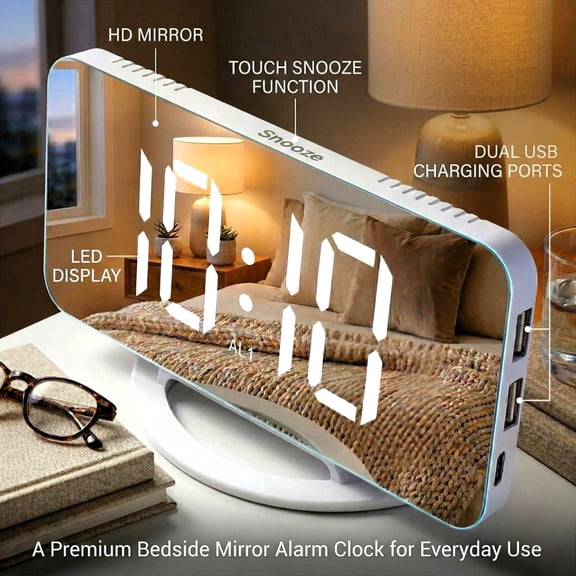Mirror LED Alarm Clock with Dual USB Charging Ports, Auto-Dimming & Touch Snooze, Type-C Powered