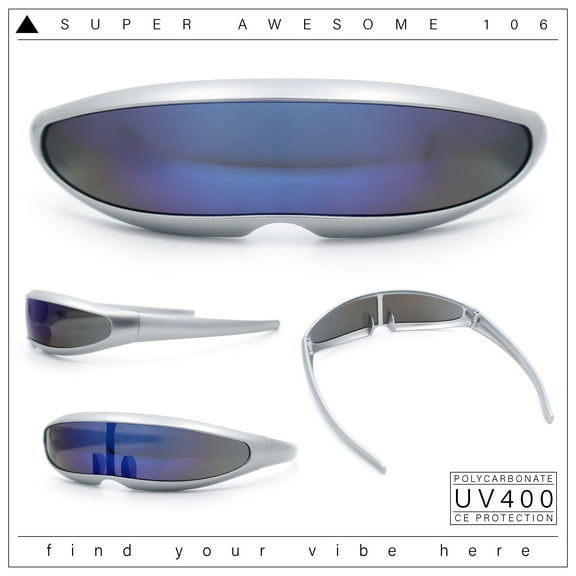Mirror Lens Monolens Cyclops Robotic Futuristic Sunglasses Silver Blue Mirror