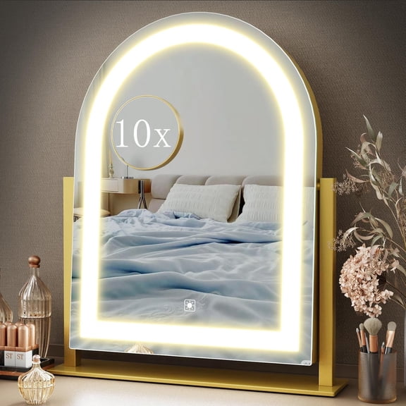Mirror with Lights, 15.2'' LED Makeup Mirror Detachable 10X Magnification, Control, 3 Color Lighting Modes,360?Rotation Tabletop Make Up Mirror for Bedroom Bathroom(Curved)