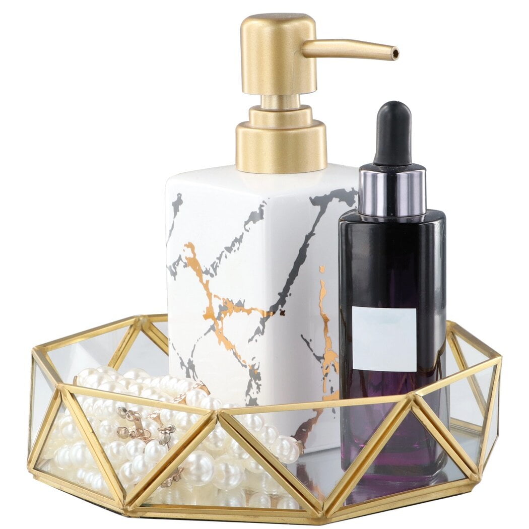 Mirror Makeup Vanity Tray, Vintage Octagonal Perfume Tray, Gold Jewelry