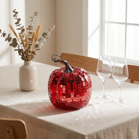 Mirror Mosaic Pumpkin Tabletop Ornament, Secure Tile Bond Light Reflecting Sparkling Effect, Dual Season Photo Prop Centerpiece for Halloween Thanksgiving Shelf Café Window Display