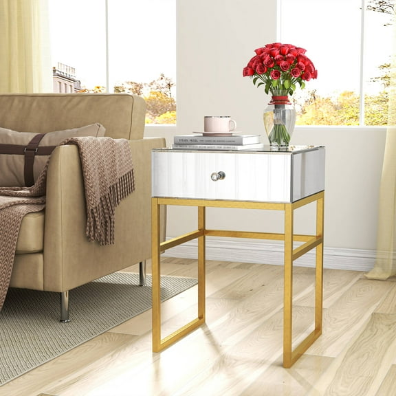 Mirror Nightstand with Drawer Glam Side Table End Table Gold Metal Legs Storage Small Table for Living Room Bedroom