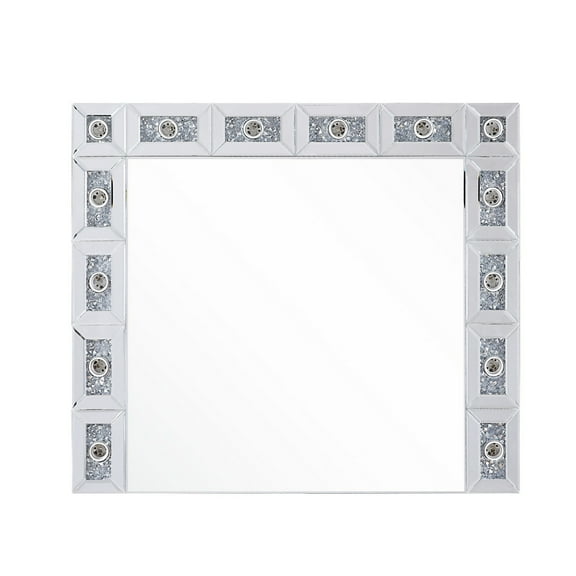 Benjara Mirror Panel Frame Wall Decor with Light Function and Faux Diamond, Silver
