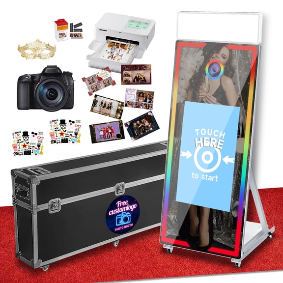 Mirror Photo Booth, 65''Magic Mirror Photo Booth with Camera and Printer,32'' Interactive Touch Screen, Built-in Mini PC with Instant Print – Suitable for All Types of Photography Needs(Black)