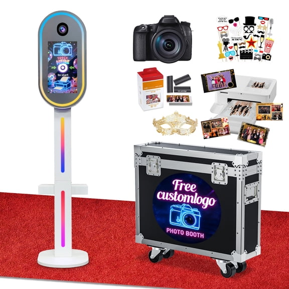 Mirror Photo Booth with Camera and Printer, DSLR Photo Booth with 15.6" Touch Screen, Built-in Mini PC, Flight Case, App Control – Perfect for Weddings, Parties and Event Rentals (White))