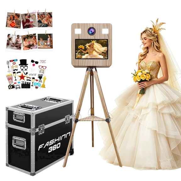 Mirror Photo Booth with Flight Case,15.6" Touch Screen DSLR Photo Mirror Booth Built-in Mini PC Tripod Wooden Retractable Stand,Instant Print for Event Rental Wedding Party