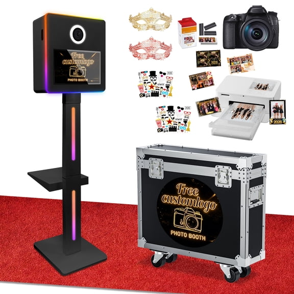 Mirror Photo Booth Machine with Camera and Printer,15.6'' Touch Screen,Mirror Photo Booth Machine with APP Control Ring Light Flight Case for Party Event Rentals (Black, Camera+Printer)