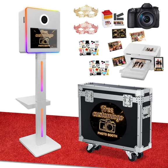 Mirror Photo Booth Machine with Camera and Printer,15.6'' Touch Screen,Mirror Photo Booth Machine with APP Control Ring Light Flight Case for Party Event Rentals (Whinte, Camera+Printer)