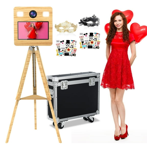 Mirror Photo Booth Machine with 15.6" Touch Screen, APP-Controlled Ring Light, and Flight Case Perfect for Your Photo Needs