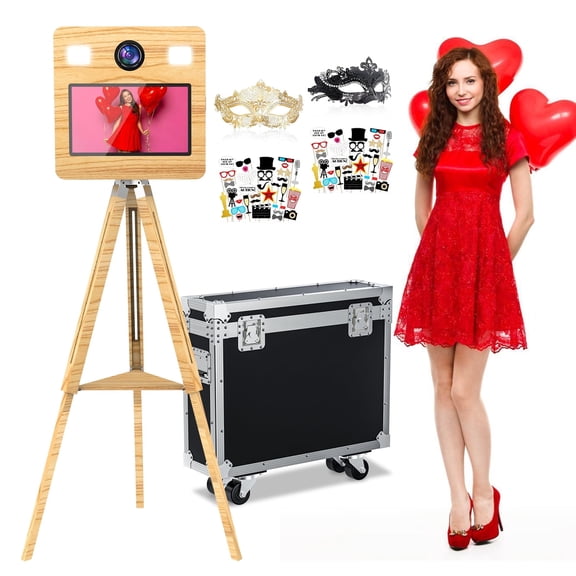 Mirror Photo Booth Machine with 15.6" Touch Screen, APP-Controlled Ring Light, and Flight Case Perfect for Your Photo Needs