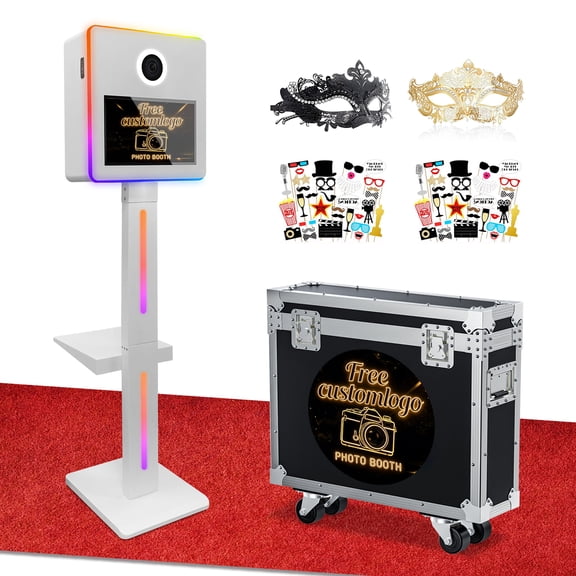 Mirror Photo Booth Machine with 15.6'' Touch Screen Mirror Photo Booth Machine with APP Control Ring Light Flight Case for Party Event RentalsWhite