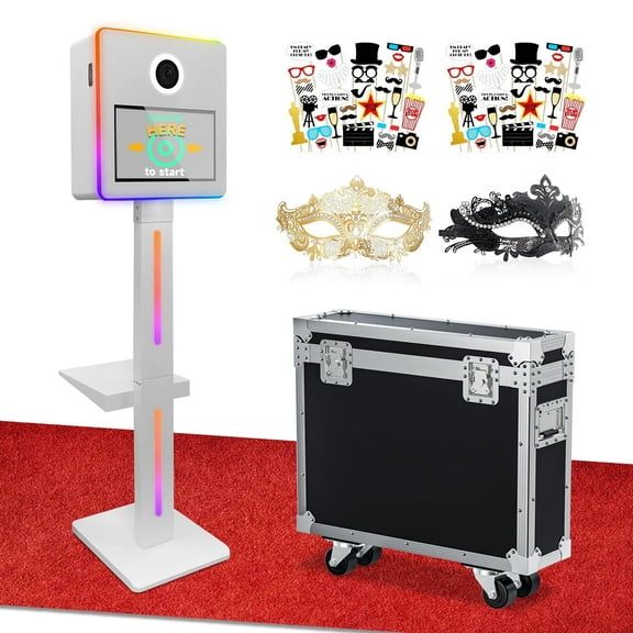 Mirror Photo Booth Machine with 15.6'' Touch Screen Mirror Photo Booth Machine with APP Control Ring Light Flight Case for Party Event RentalsWhite