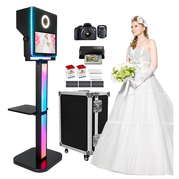 Photo Booth with Printer and Camera, DSLR Photo Booth 15.6 inch Touch Screen Selfie Portable Photobooth Machine RGB Light Stand for Events Wedding Birthday School Party