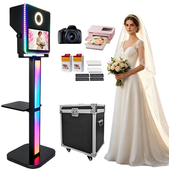 Mirror Photo Booth with Printer and Camera, DSLR Photo Booth 15.6inch Touch Screen Portable Photobooth Selfie Machine RGB Lights for Events Wedding Graduation Party Rental