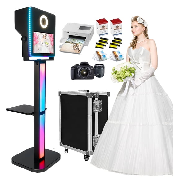 Mirror Photo Booth with Printer and DSLR Camera, 15.6" Touch Screen Portable Selfie Photobooth Machine RGB Light for Events Wedding Birthday School Party