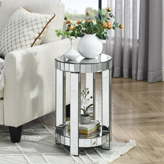 Mirror Round Side Table with Crystal Accents, 2-Tier Modern Sofa Table with Storage, Silver Decor for Living Room & Bedroom, Space-Saving Coffee Table for Small Spaces