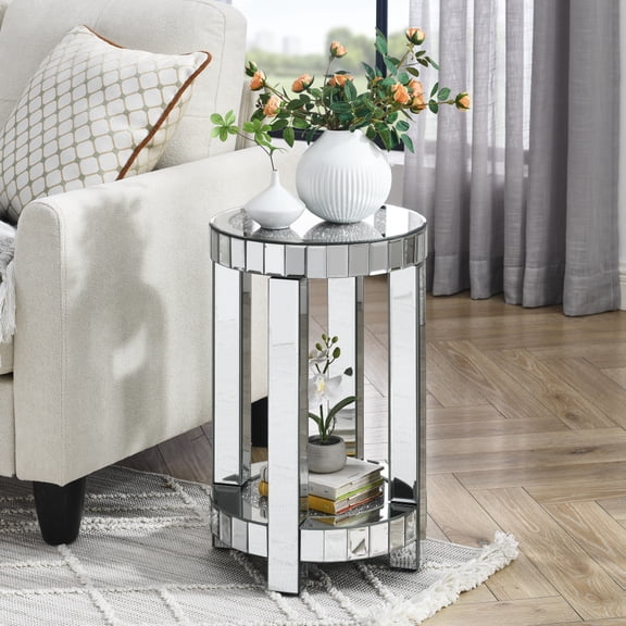 Mirror Round Table with Crystal Inlay, 2-layer Modern Small Sofa Table with Storage Space, Silver Decorative Table