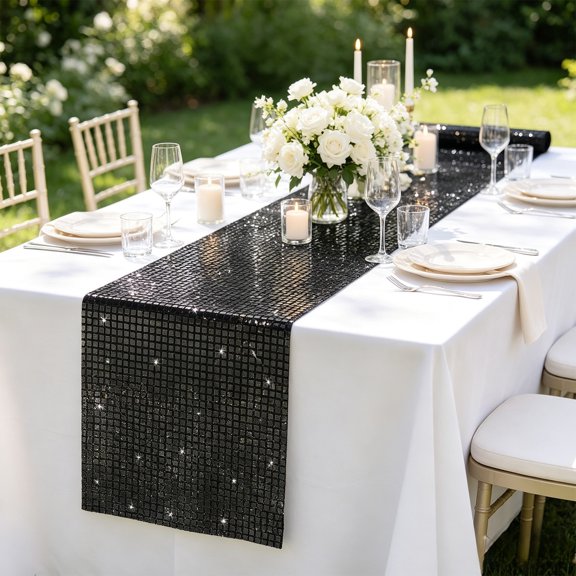 Mirror Sequin Look Table Runner Shiny Glitter Party Decor Metallic Fabric Cover for Wedding Birthday Holiday Banquet