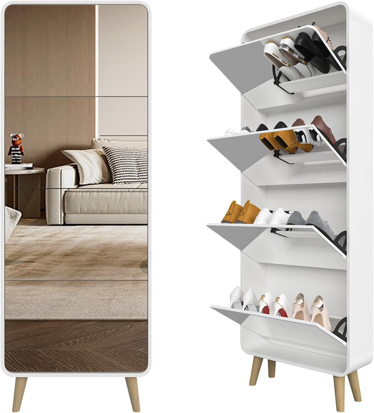 Mirror Shoe Cabinet with 4 Flip Drawers, Wooden Shoe Organizer with ...