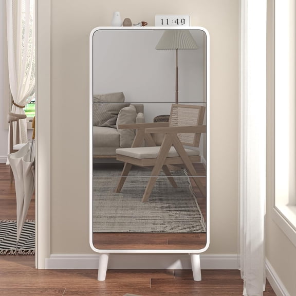 Mirror Shoe Cabinet for Entryway, Narrow Shoe Storage Cabinet with 3 Flip Drawers, Legs, Fluted Panel, Anti-Tip Device, Wooden Hidden Shoe Organizer Cabinet (White & 3 Tier Mirror)