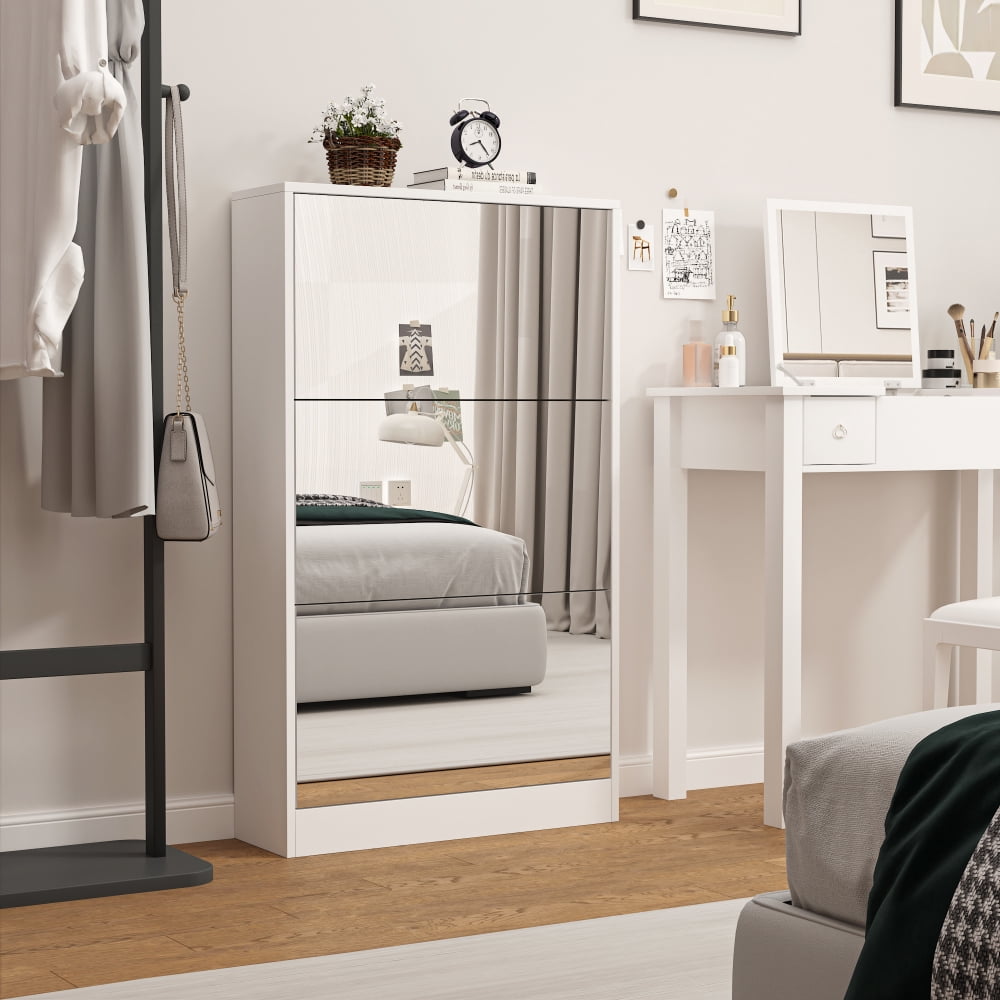 Mirror Shoes Cabinet With 3 Flip Drawers, Freestanding Shoe Storage Cabinet, Narrow Slim Shoe Rack Organizer for Entryway, Hallway, Living Room