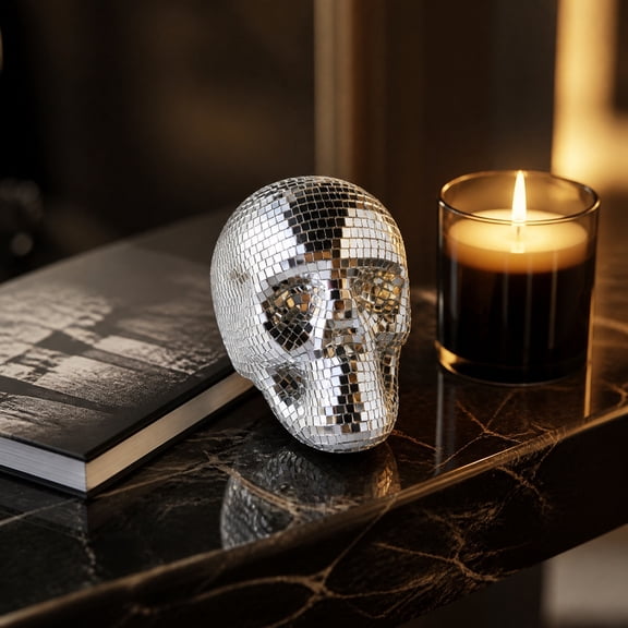 Mirror Skull Decor, Gothic Disco Skeleton Ornament with Faceted Reflective Tile Splicing, Sparkling Tabletop Centerpiece for Halloween Party, Bar, Home Desk, Shelf, Shiny Mosaic Skull Sculpture
