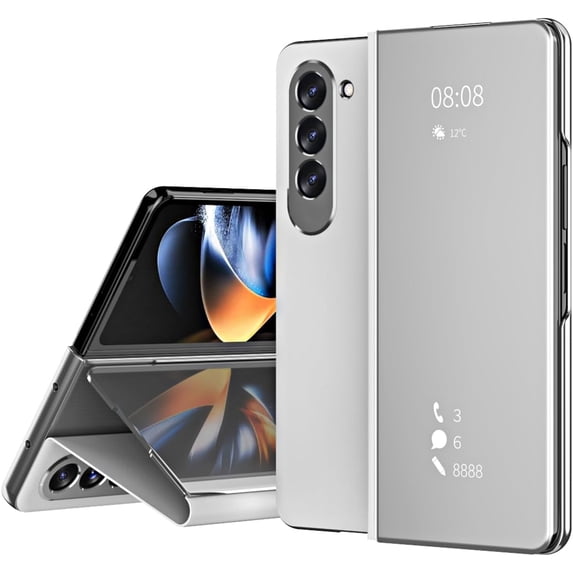 Mirror Stand Case Compatible Samsung Galaxy Z Fold 5 Case Clear,Luxury Slim Mirror Surface Cover Luxury PU Leather Hybrid PC Bumper Shockproof Case for Galaxy Z Fold 5 Phone Case for Men Silver