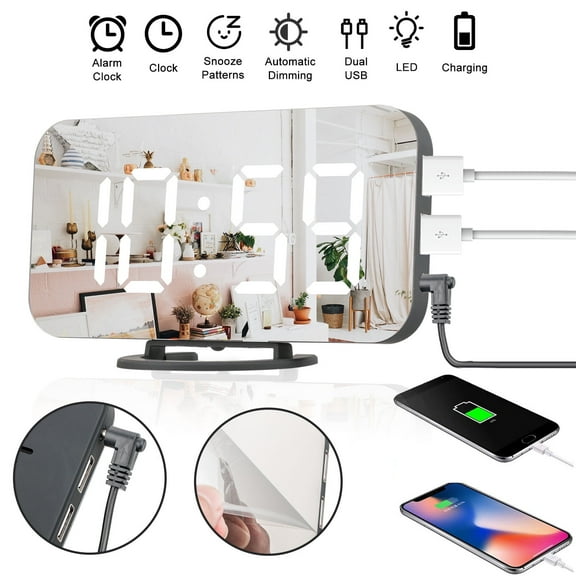 Mirror Surface Alarm Clock, DISEN Digital LED Display Modern Alarm Clock with Dual USB Ports, Dimmable Large Screen, Snooze Function for Home Office Travel