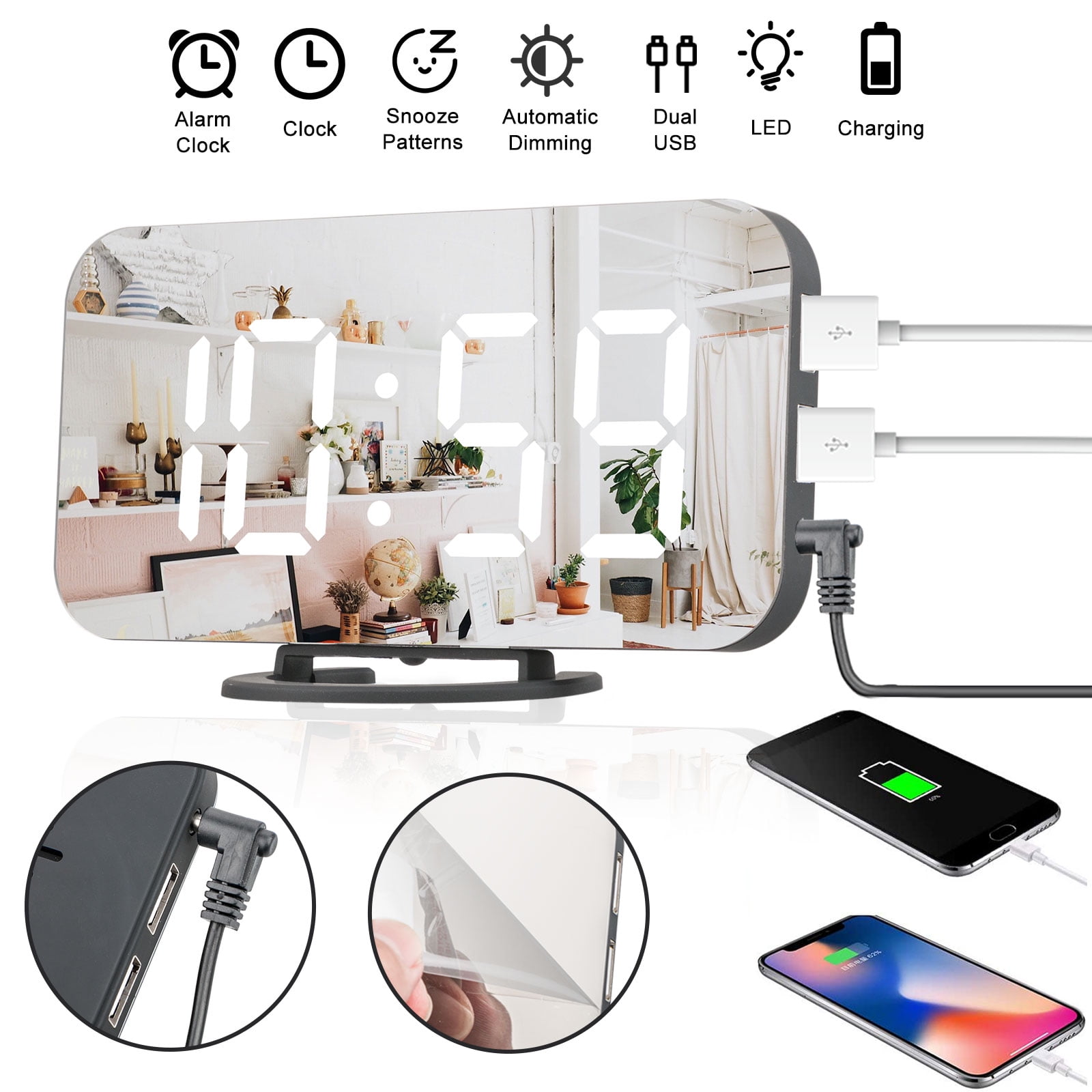 EEEkit LED Alarm Clock, Mirror Surface, Dual USB, Dimmable, Snooze
