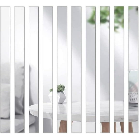 Mirror Tiles, 2''x20'' Mirror Tiles Self Adhesive Stripe Wall Mirror Stickers (Not Glass) Removable Plastic Mirrors for Wall, Frameless Mirror Sheets for Home Living Room Bedroom DIY Decor (10Pcs)