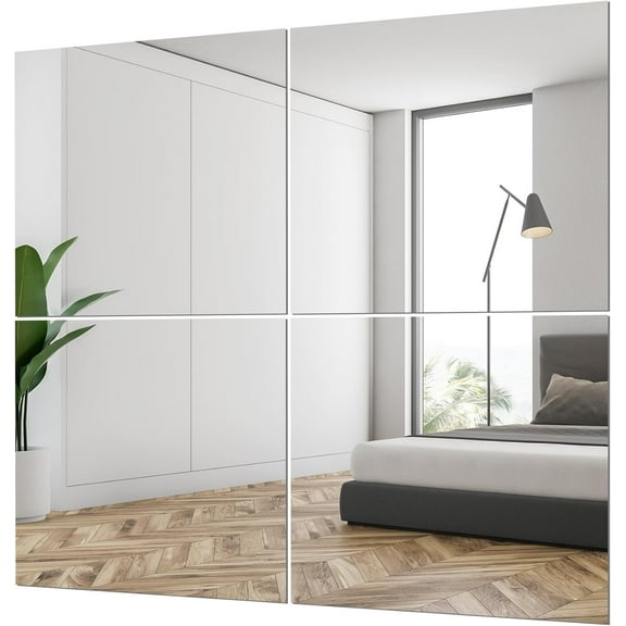 Mirror Tiles for Wall Pack of 4 - Full Length Frameless Wall Mirror, Full Body Home Gym Mirror, Self Adhesive Stick On Wall - 10x10