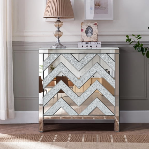 Mirror Trimmed M Shape Storage Cabinet - Silver For Living, Dining, Entryway, Kitchen & Glass Design With Trim Robust