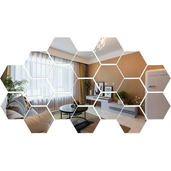 Mirror Wall Stickers, 32 Hexagon Acrylic Mirror Art DIY Home Decorative 3.14 x 2.75 x 1.57 Inch Self-Adhesive Mirror Wall Sheet Plastic Tiles Home Living Room Bedroom Home Wall Decoration (Silver)