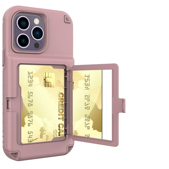 Mirror Wallet Case for iPhone 14 Pro Max Hard PC Soft Rubber Bumper Hybrid Shockproof Case with Card Holder Slot Hidden Mirror Slim Case For iPhone 14 Pro Max,Rosegold