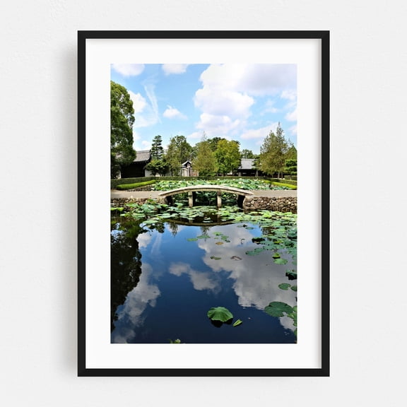 Mirror World - Kyoto Japan Photography Bridge Water Lake Zen Calm Landscape Black Framed Wall Art Print 5 x 7 inches