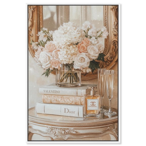 Mirror and Classy Glam Books Canvas Fashion Art Print by Art Remedy, White Frame, 36 x 54