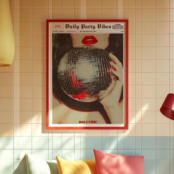 Mirrorball Newspaper Retro Red Wall Art, Unframed Poster