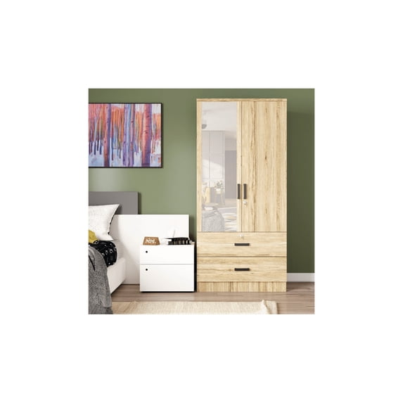 Woodpeckers Furniture and Mattress Mirrored 2 Door Wardrobe & 2 Drawers in Multi Color