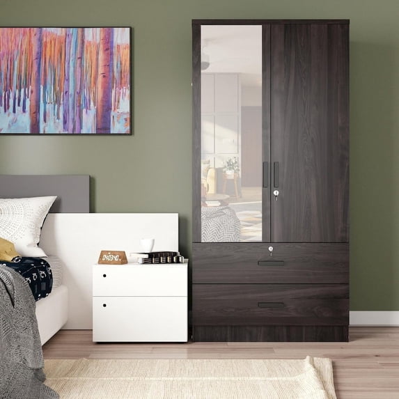 Woodpeckers Furniture and Mattress Mirrored 2 Door Wardrobe in Brown Color