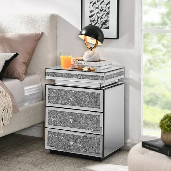 Mirrored 3-Drawer Nightstand with Crystal Inlay, 13.8" W by 17.7" L by 23.6" H | Elegant silver glass bedside storage ideal for modern bedrooms and living spaces
